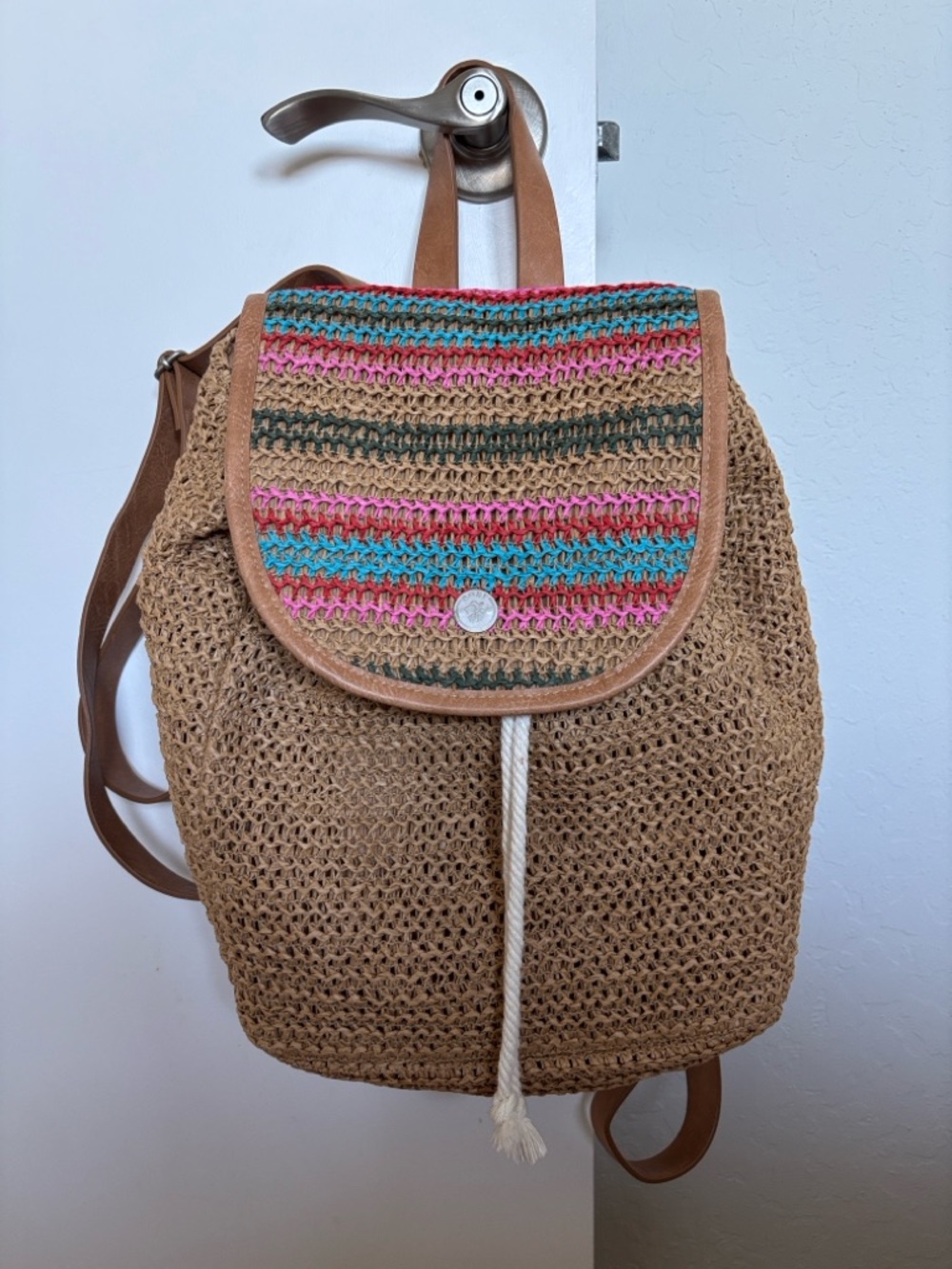 Roxy Tan Woven Backpack with Pink, Turquoise & Olive Crochet Flap